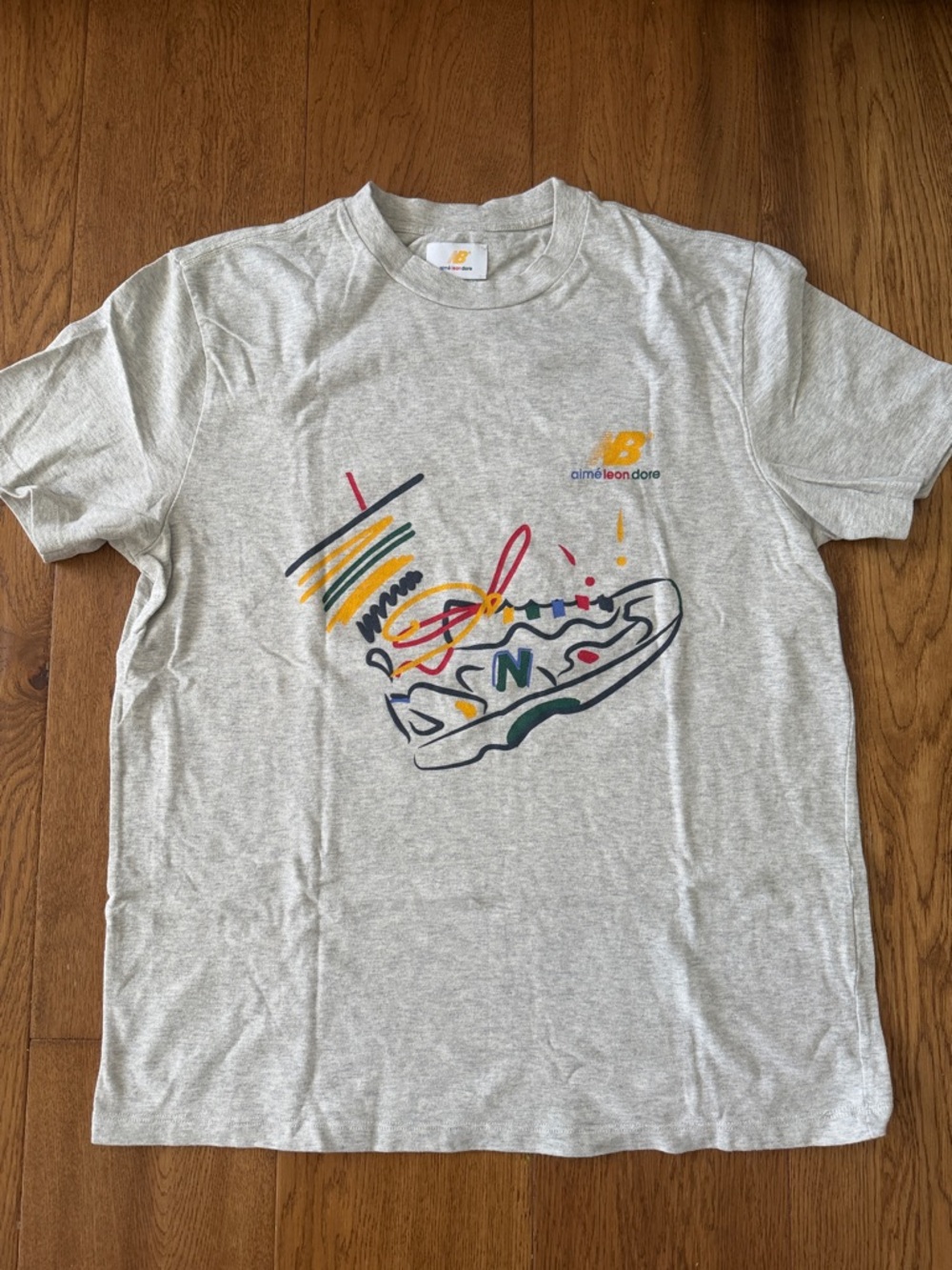 Aime Leon Dore Gray Graphic Tee with Multicolor Sneaker Print